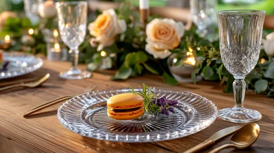 Elegant Table Setting With Macaron And Floral Decor