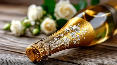 Golden Champagne Bottle With White Roses On Wooden Table