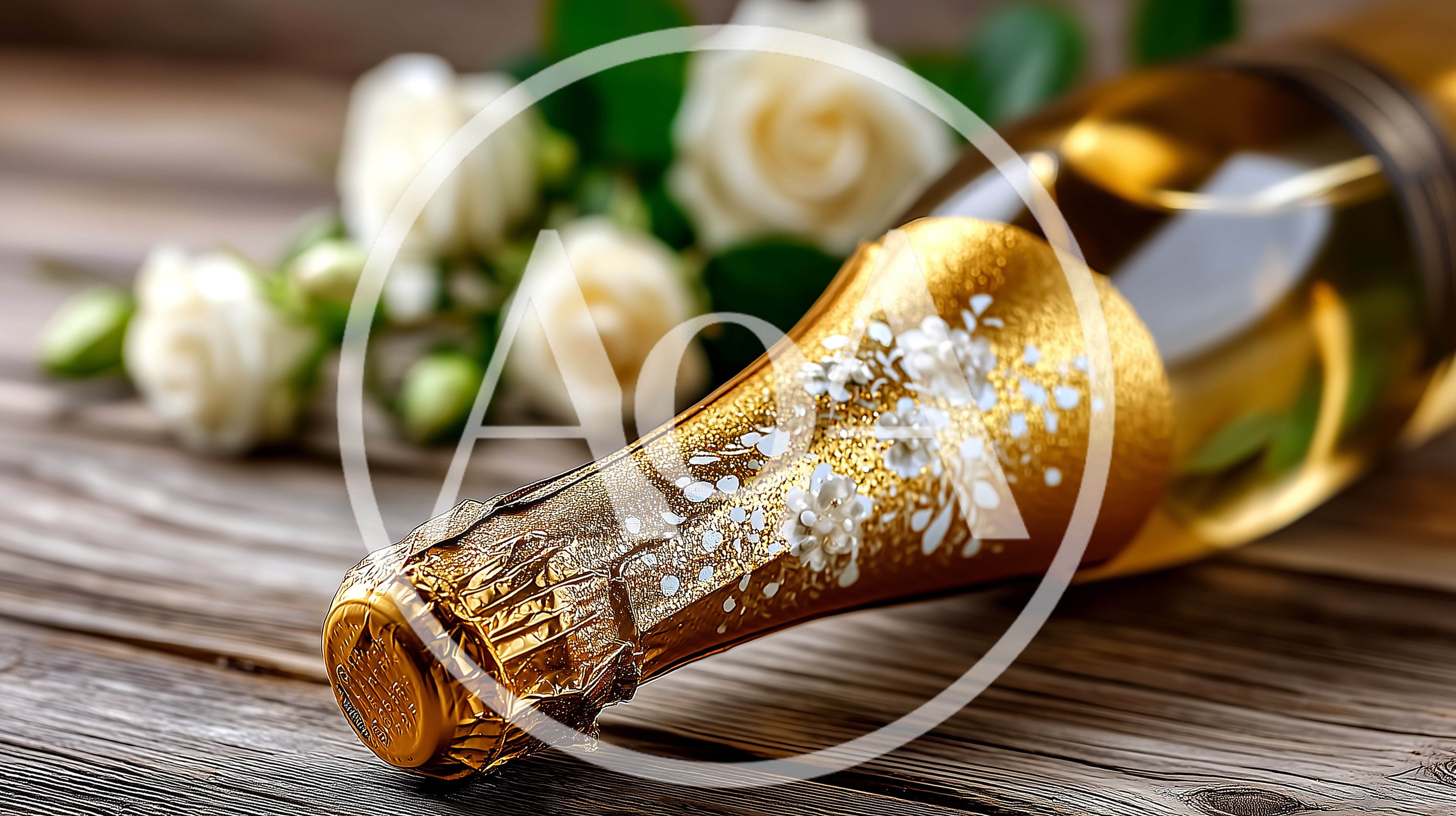 Golden Champagne Bottle With White Roses On Wooden Table