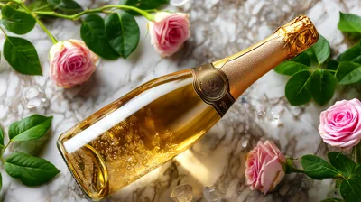 Champagne Bottle With Pink Roses On Marble Surface