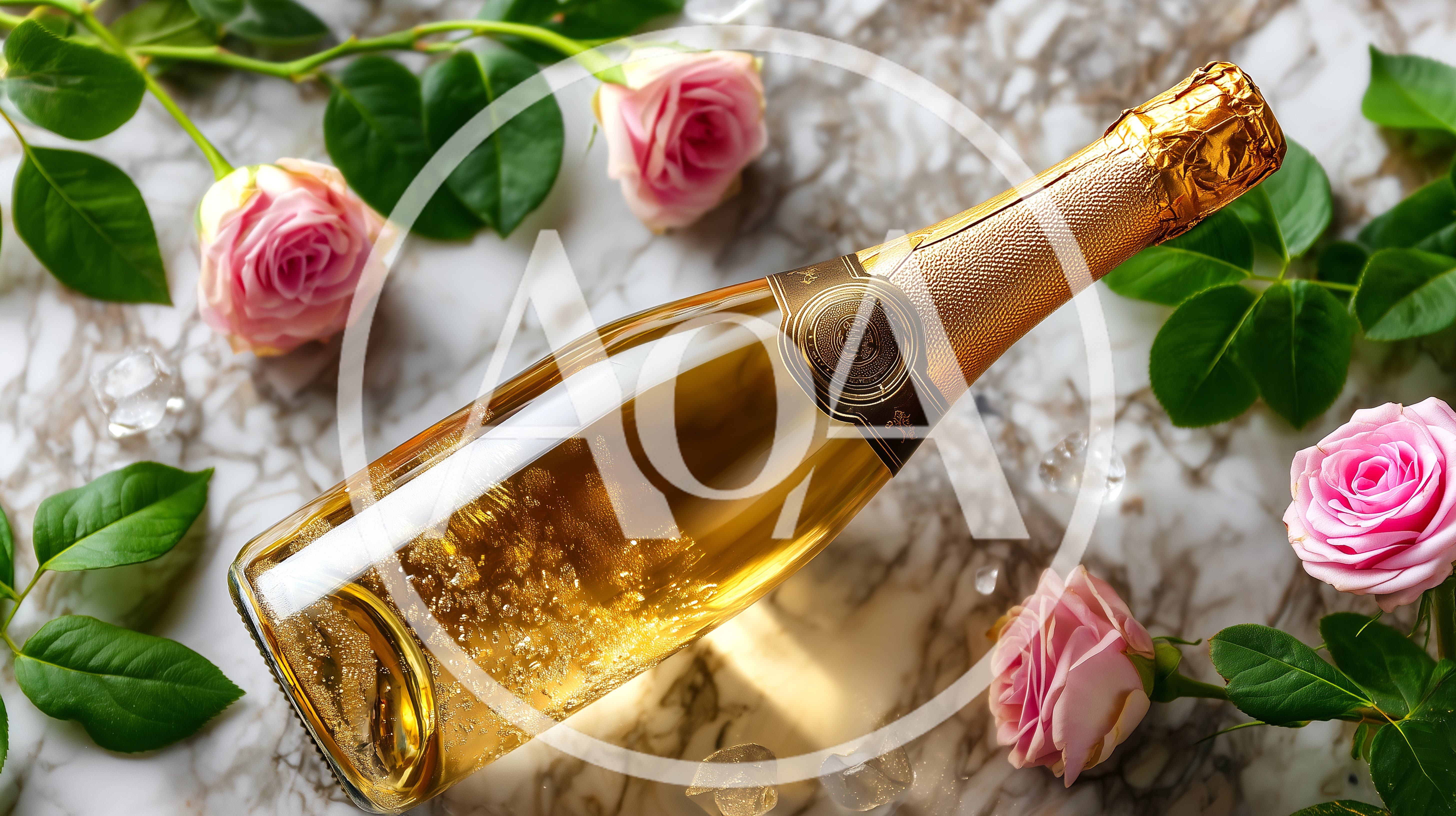 Champagne Bottle With Pink Roses On Marble Surface