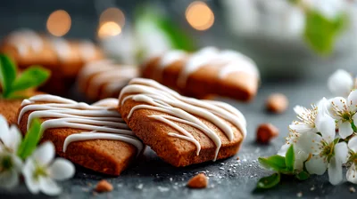 Heart Shaped Cookies With White Icing And Flowers