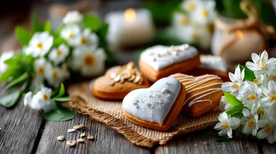 Heart Shaped Cookies With White Icing And Flowers