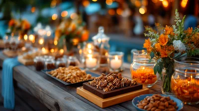 Elegant Outdoor Buffet Table With Snacks And Flowers