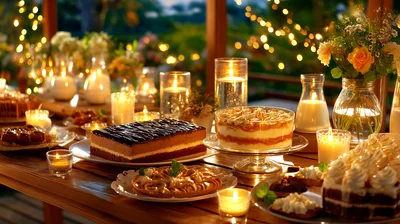 Elegant Dessert Table Spread With Candles And Flowers
