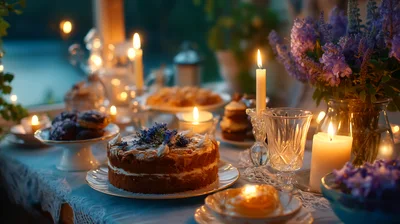 Elegant Evening Table Setting With Cake And Candles