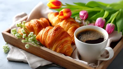 Fresh Croissants And Coffee On A Wooden Breakfast Tray