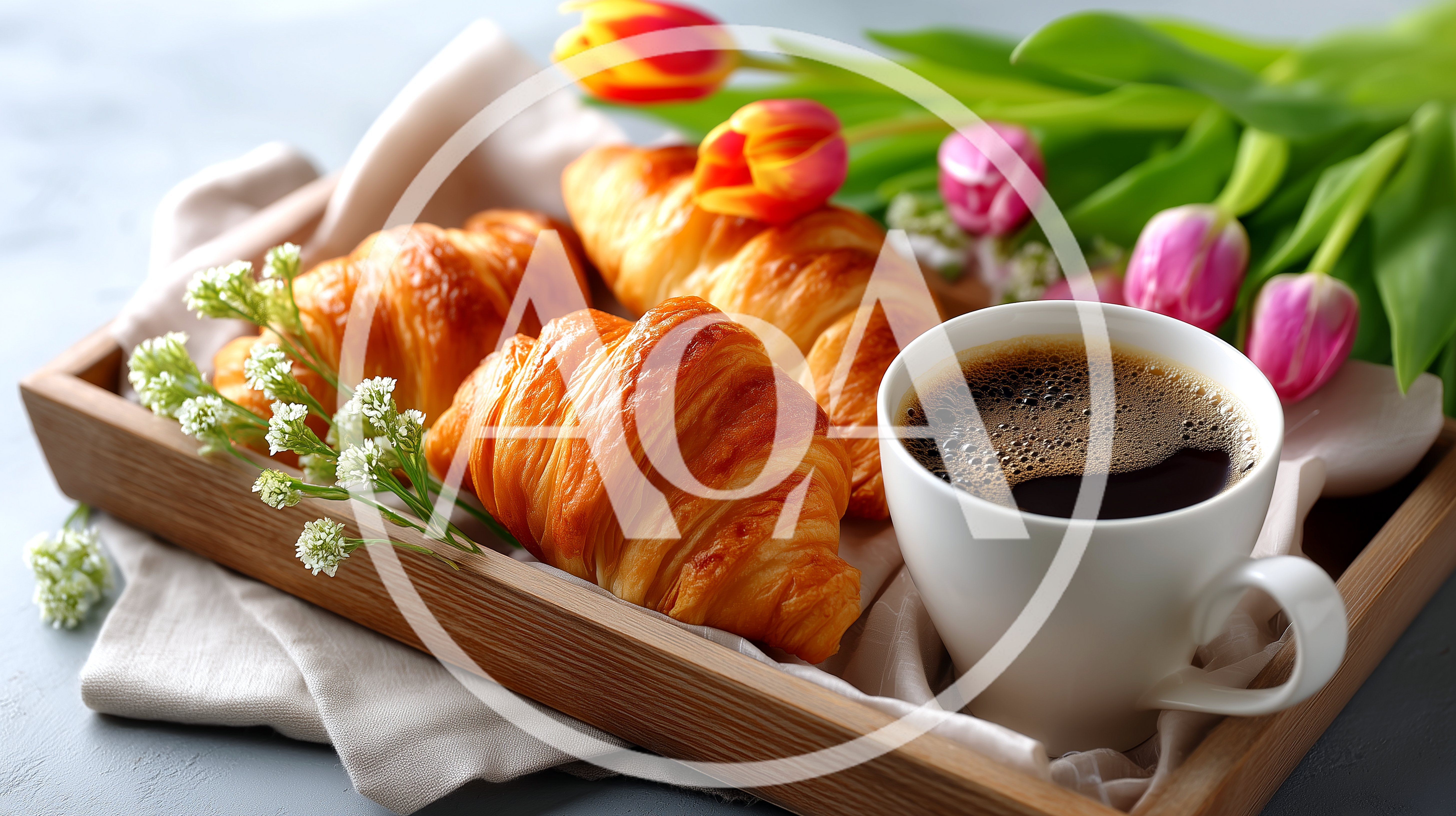 Fresh Croissants And Coffee On A Wooden Breakfast Tray