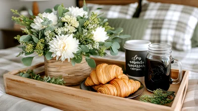 Breakfast Tray With Croissants And Coffee On Bed
