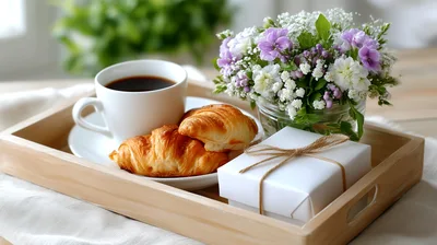 Breakfast Tray With Coffee Croissants And Gift Box