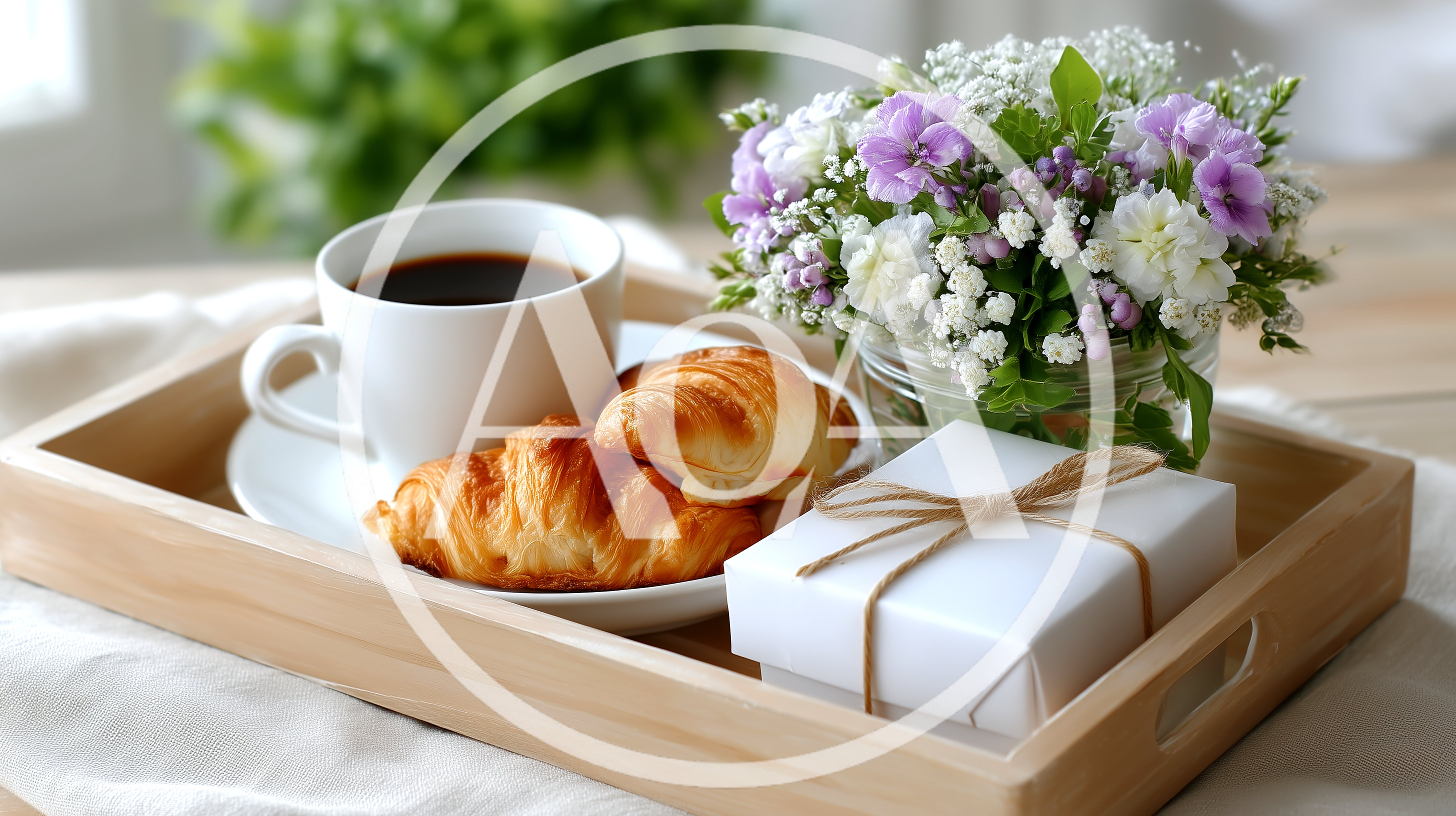 Breakfast Tray With Coffee Croissants And Gift Box