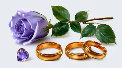 Purple Rose With Gold Wedding Rings And Heart Gem