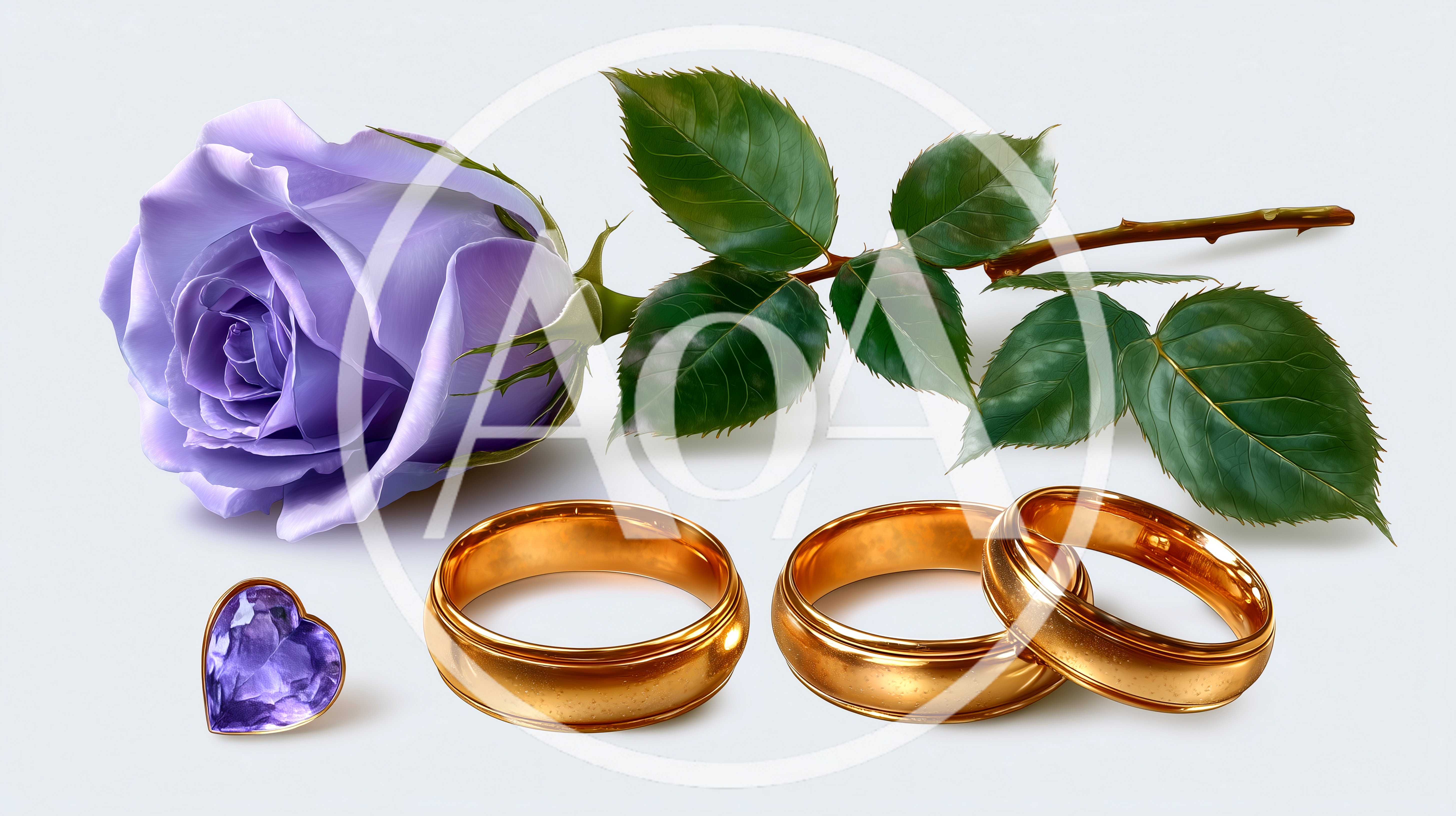 Purple Rose With Gold Wedding Rings And Heart Gem