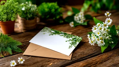 Blank Greeting Card With Flowers On Wooden Table