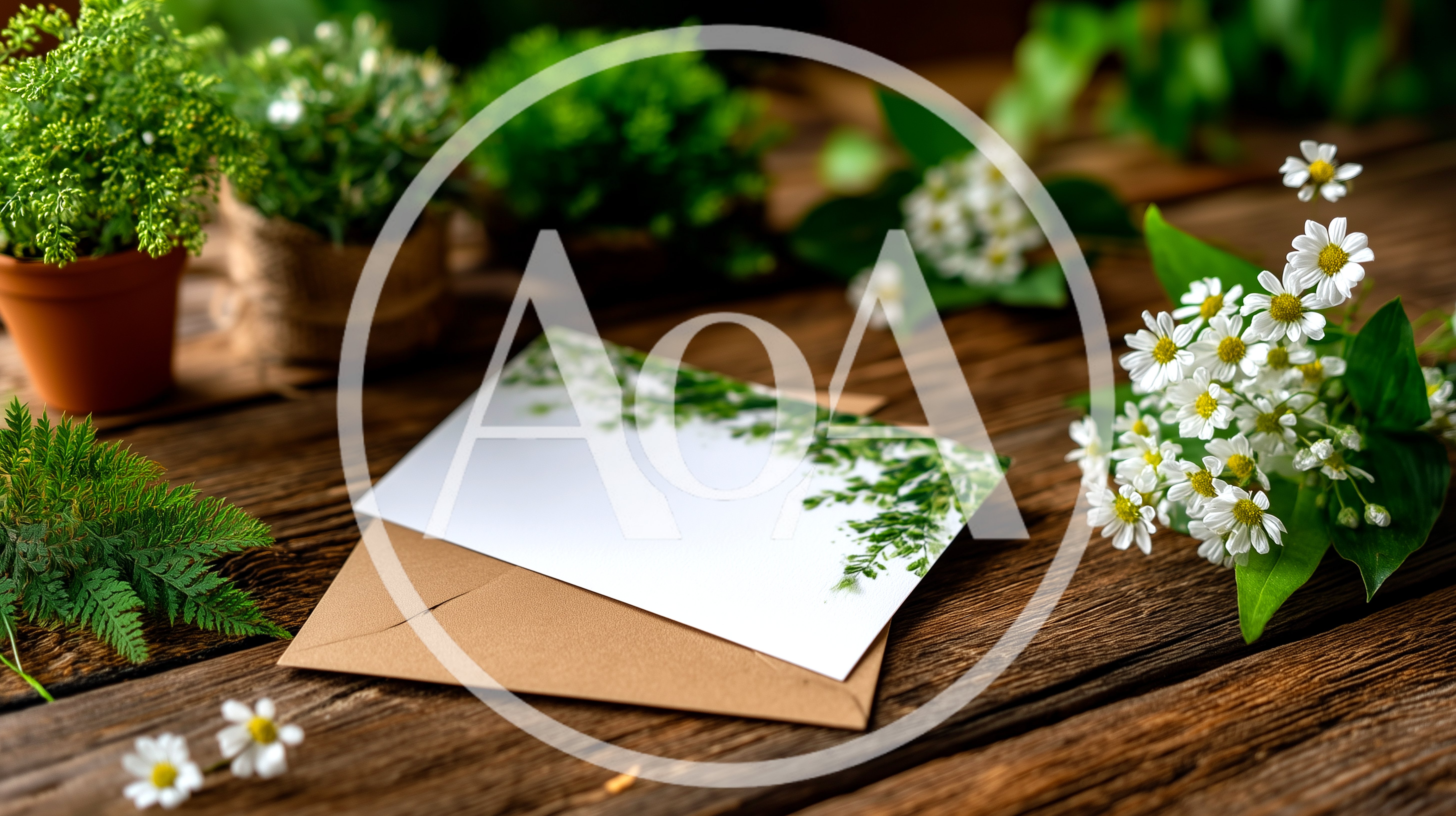Blank Greeting Card With Flowers On Wooden Table