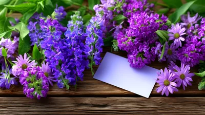 Purple Flowers And Blank Note Card On Wooden Table