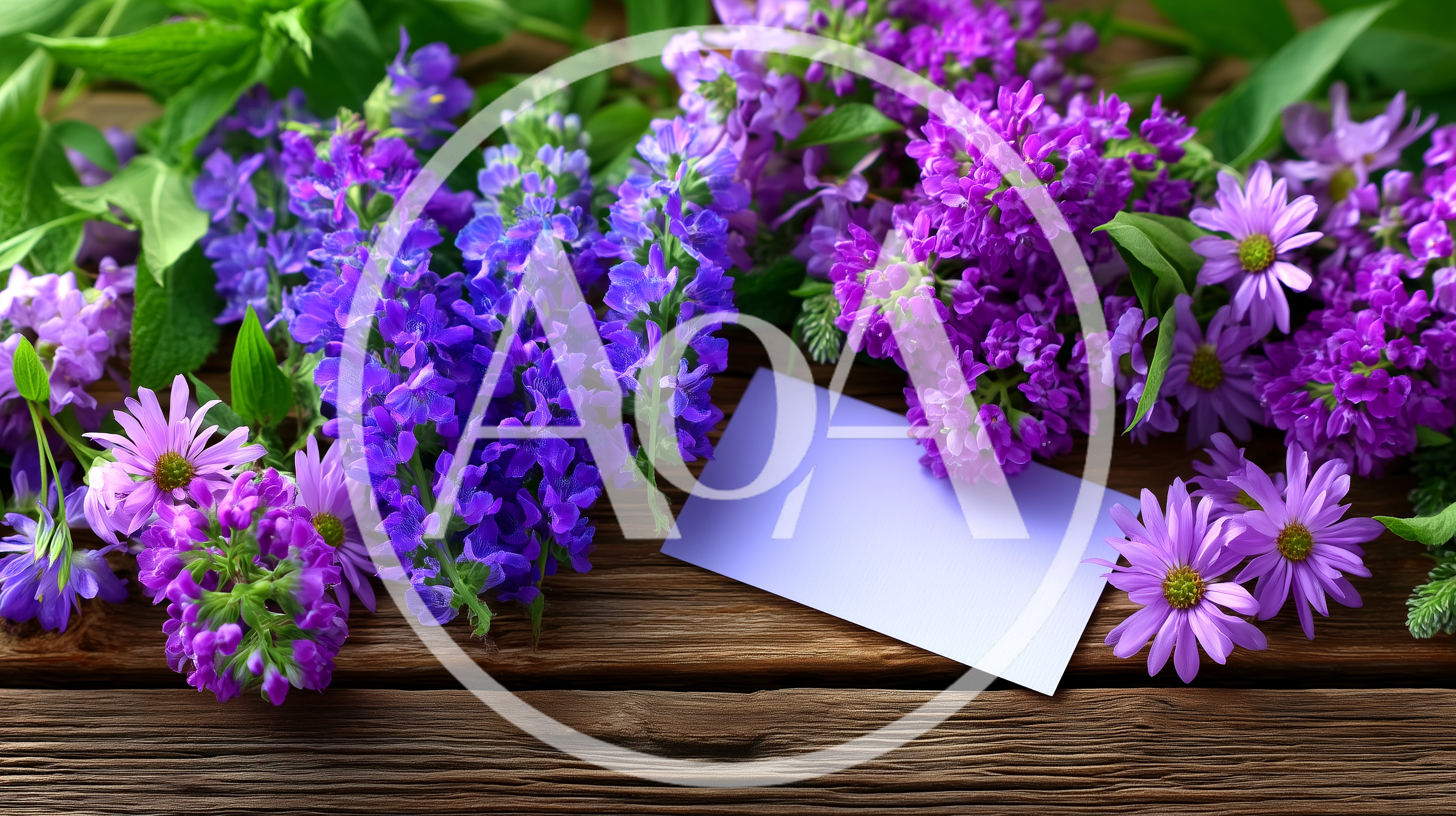 Purple Flowers And Blank Note Card On Wooden Table