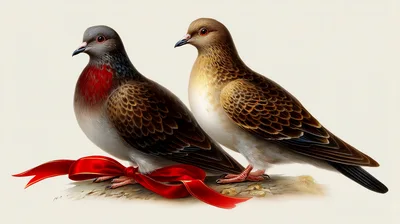 Two Decorative Doves With A Red Ribbon