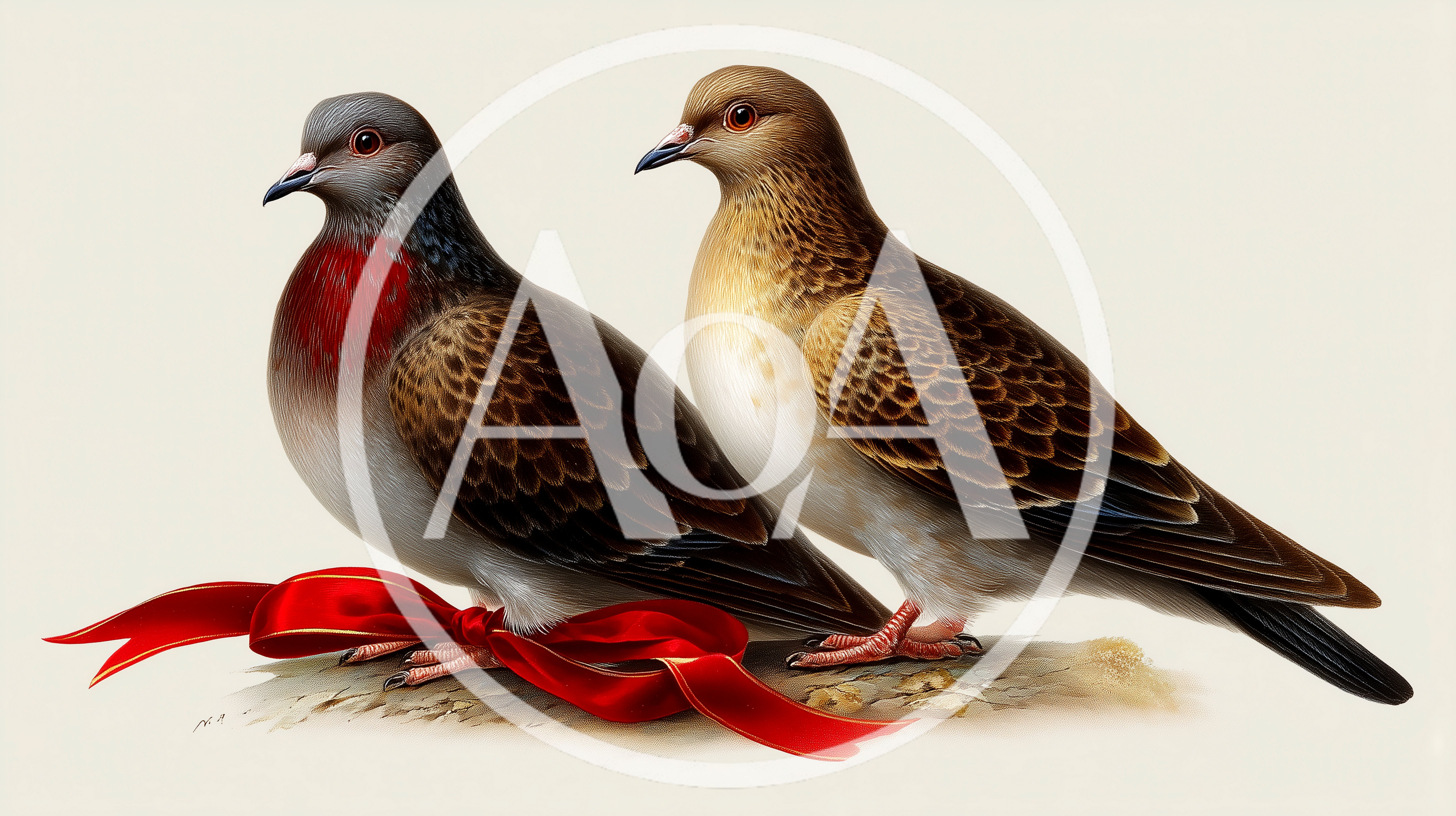 Two Decorative Doves With A Red Ribbon