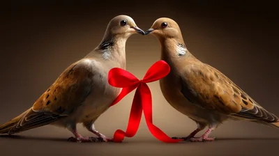 Two Mourning Doves Connected By A Red Ribbon