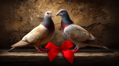 Two Pigeons Facing Each Other With A Red Bow