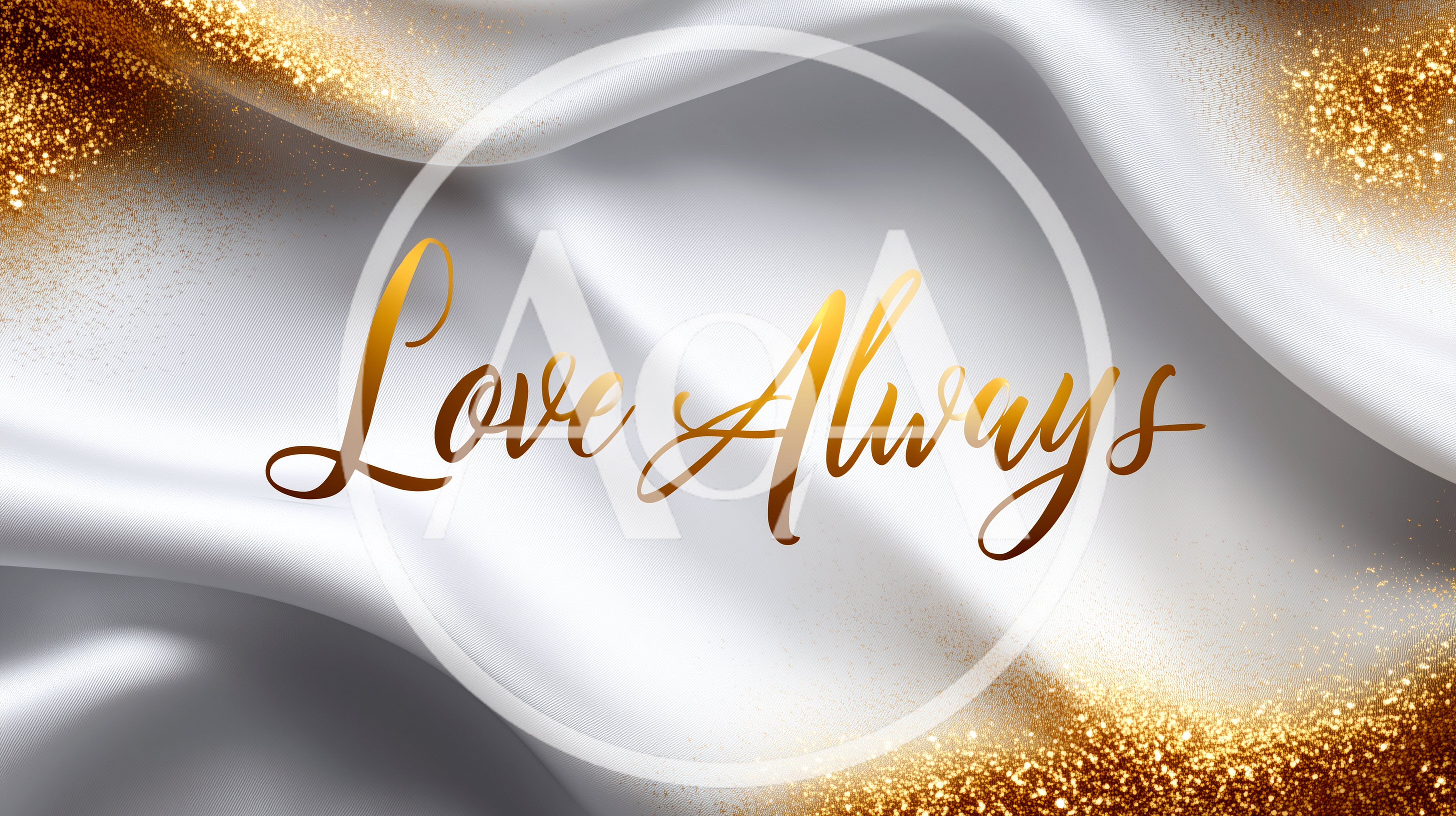 Elegant Gold Text Love Always On White Silk Background