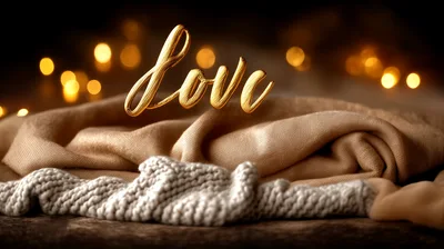 Golden Love Text Over Cozy Knitted Fabric Background
