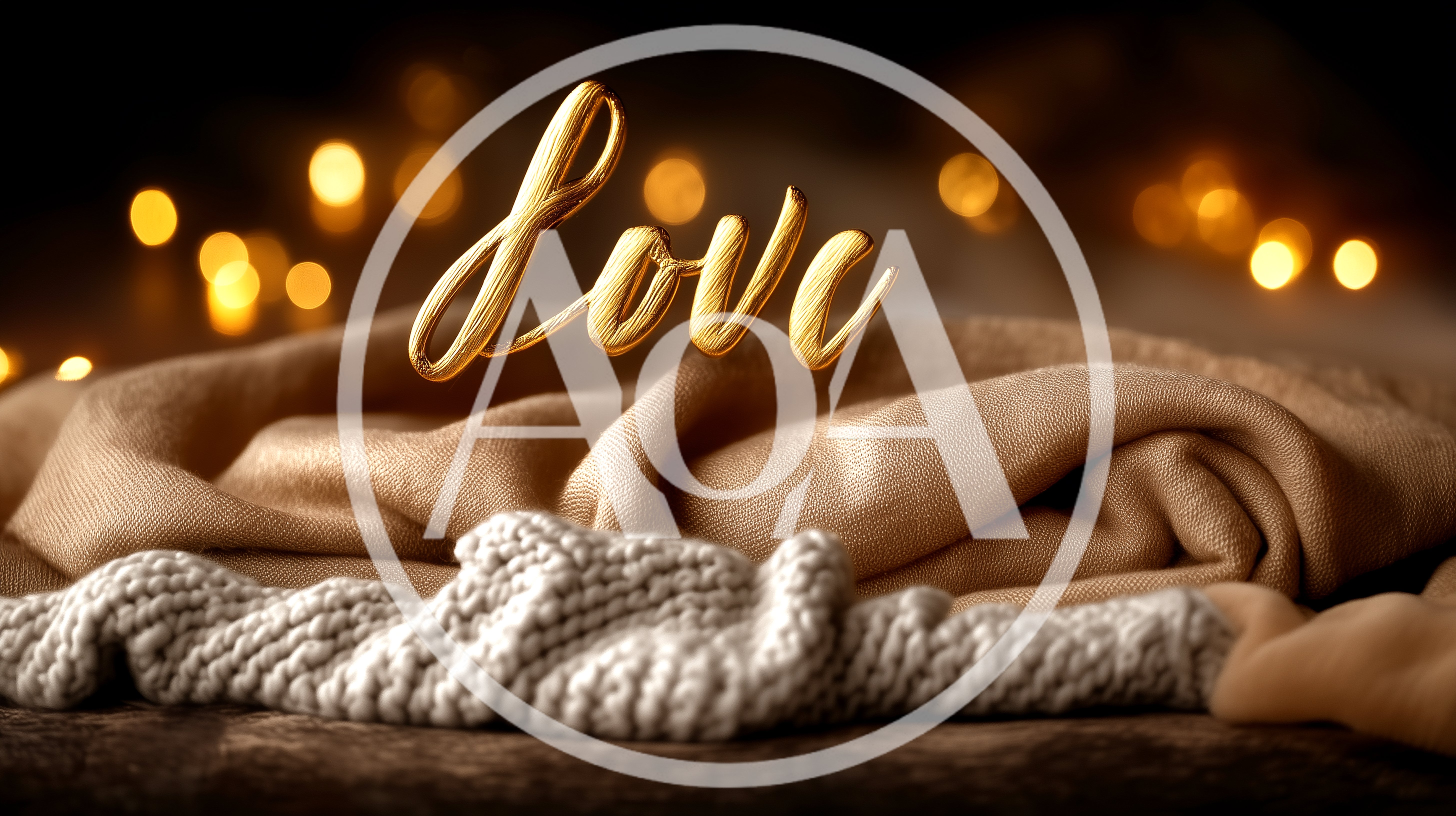 Golden Love Text Over Cozy Knitted Fabric Background
