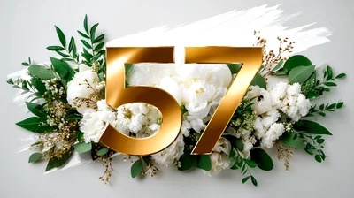 Golden Number Fifty Seven With White Floral Arrangement
