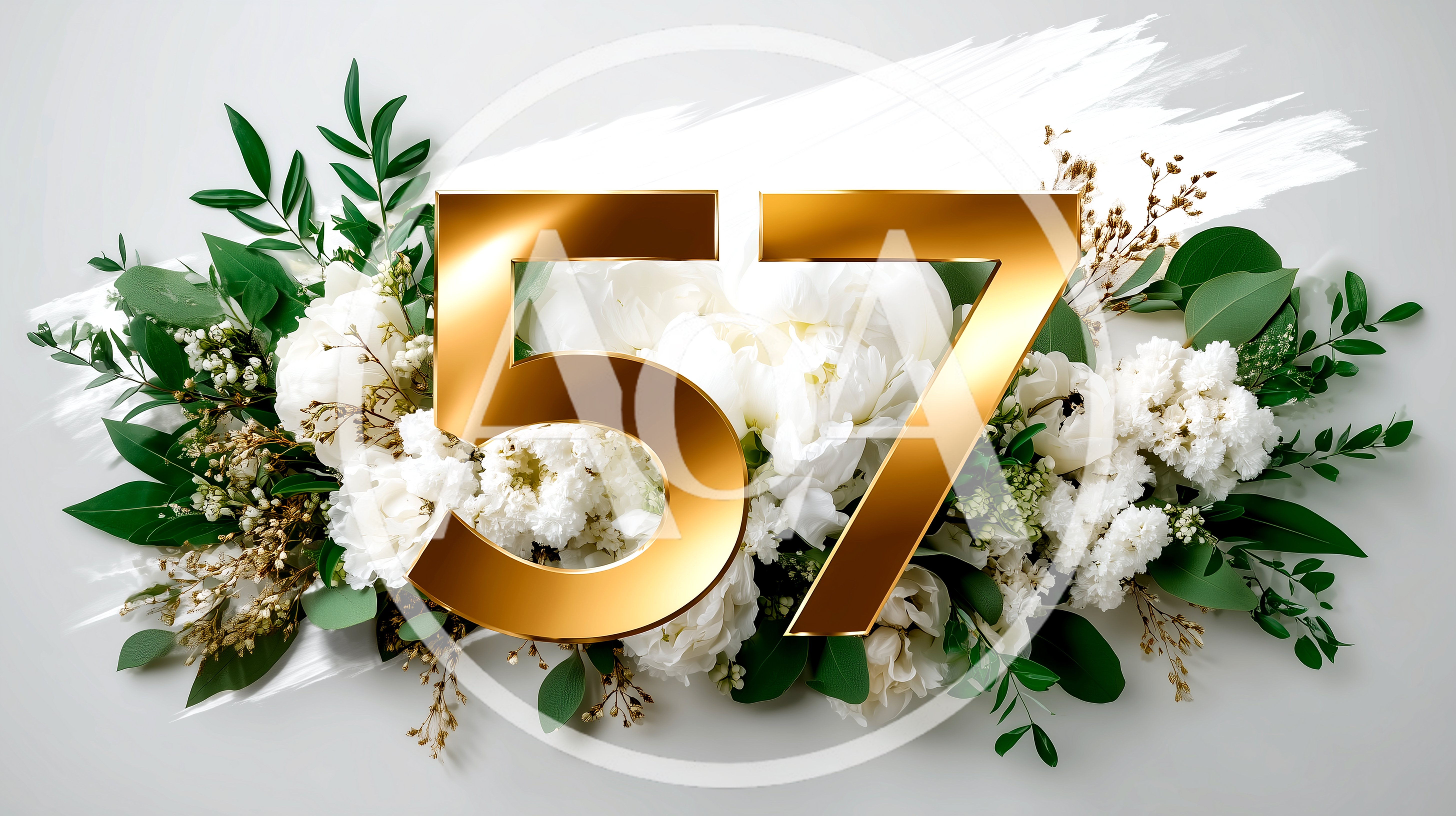 Golden Number Fifty Seven With White Floral Arrangement