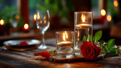 Romantic Candlelight Dinner Setting With Red Rose