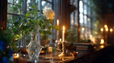 White Rose In Glass Vase With Lit Candles
