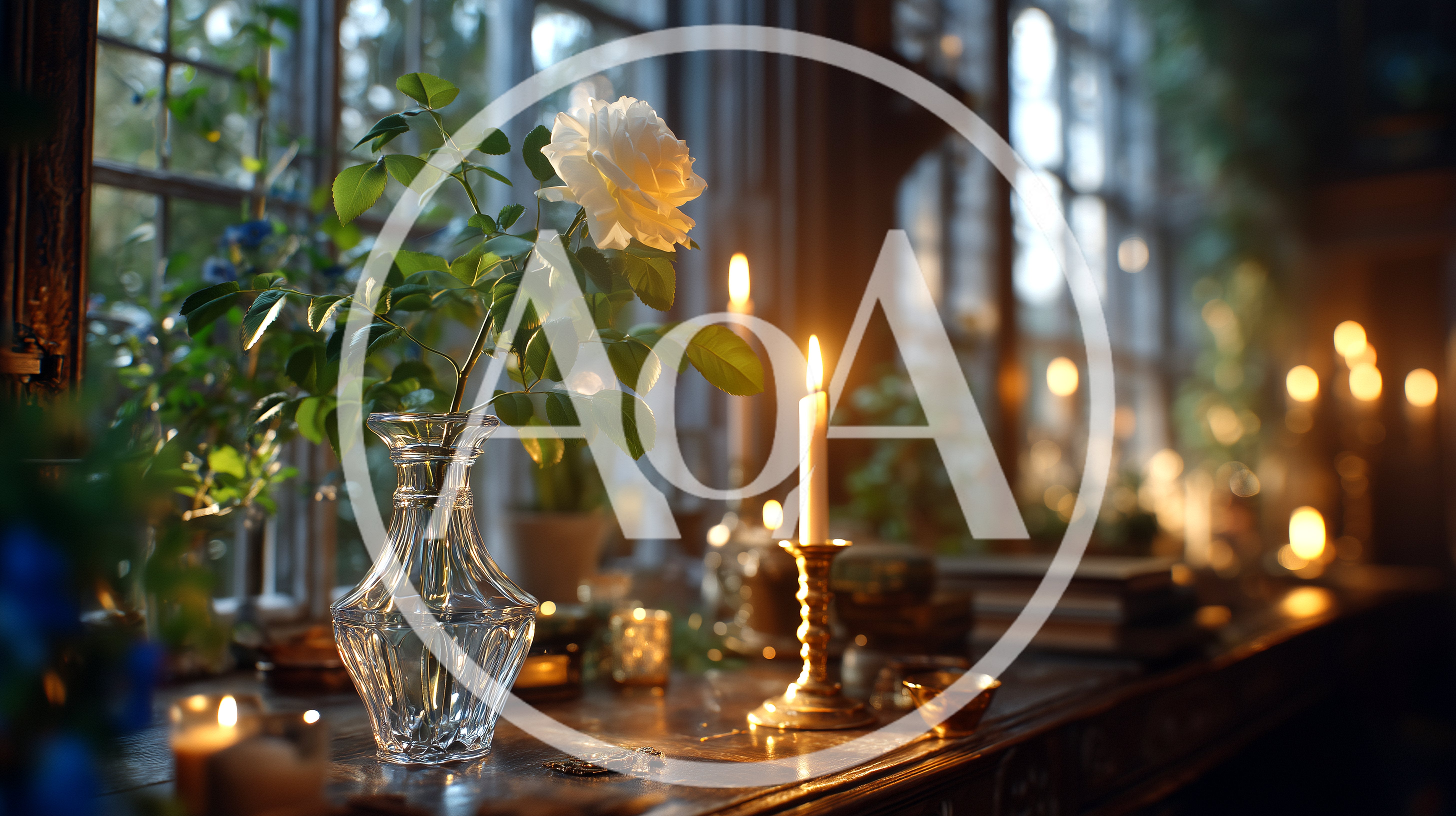 White Rose In Glass Vase With Lit Candles