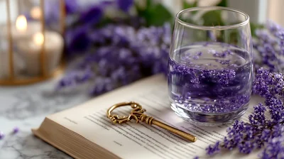 Lavender Infused Water Glass With Vintage Key On Book