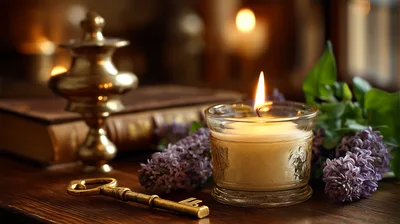Lit Candle With Key And Lilacs On Wooden Table