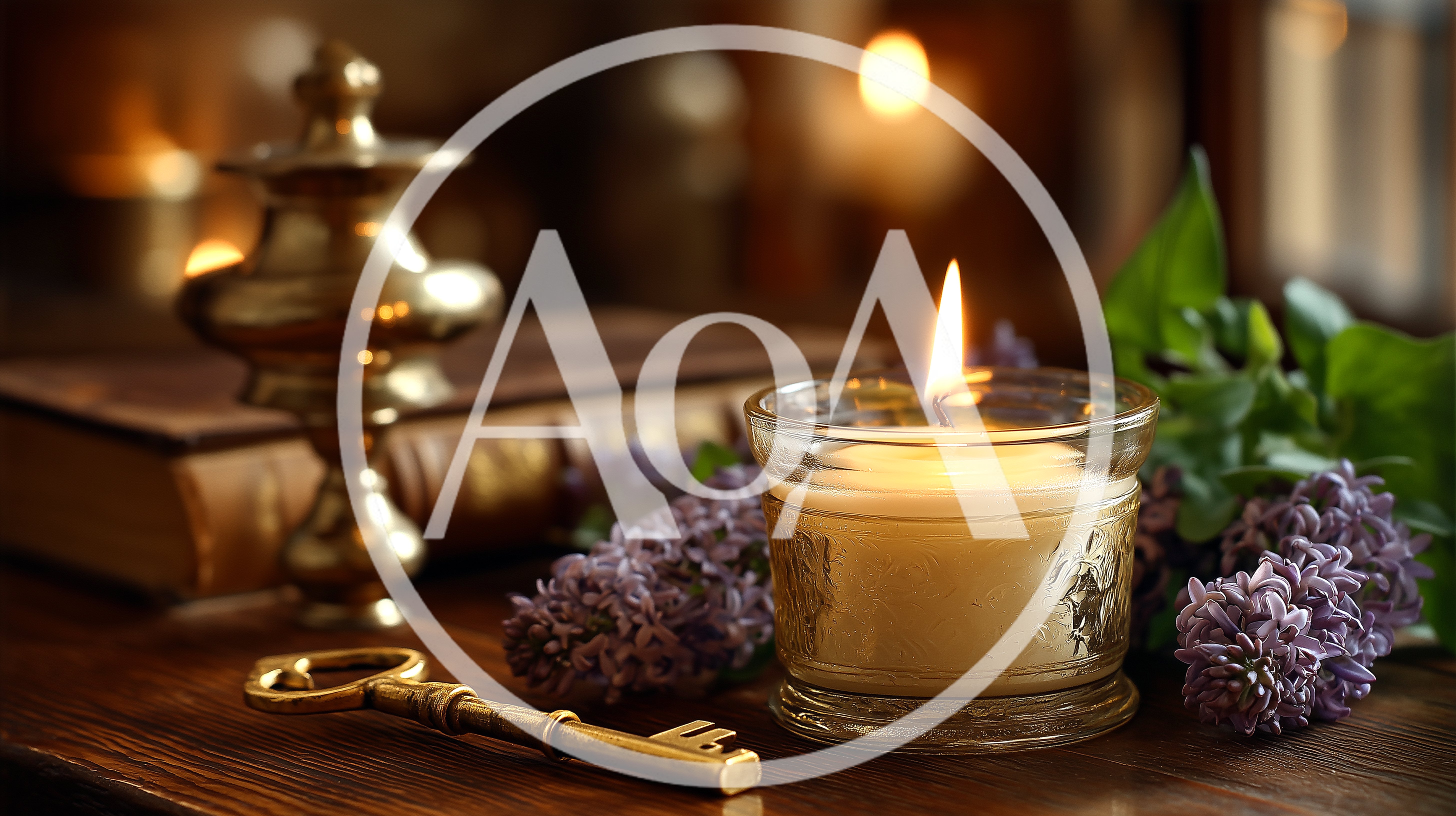 Lit Candle With Key And Lilacs On Wooden Table