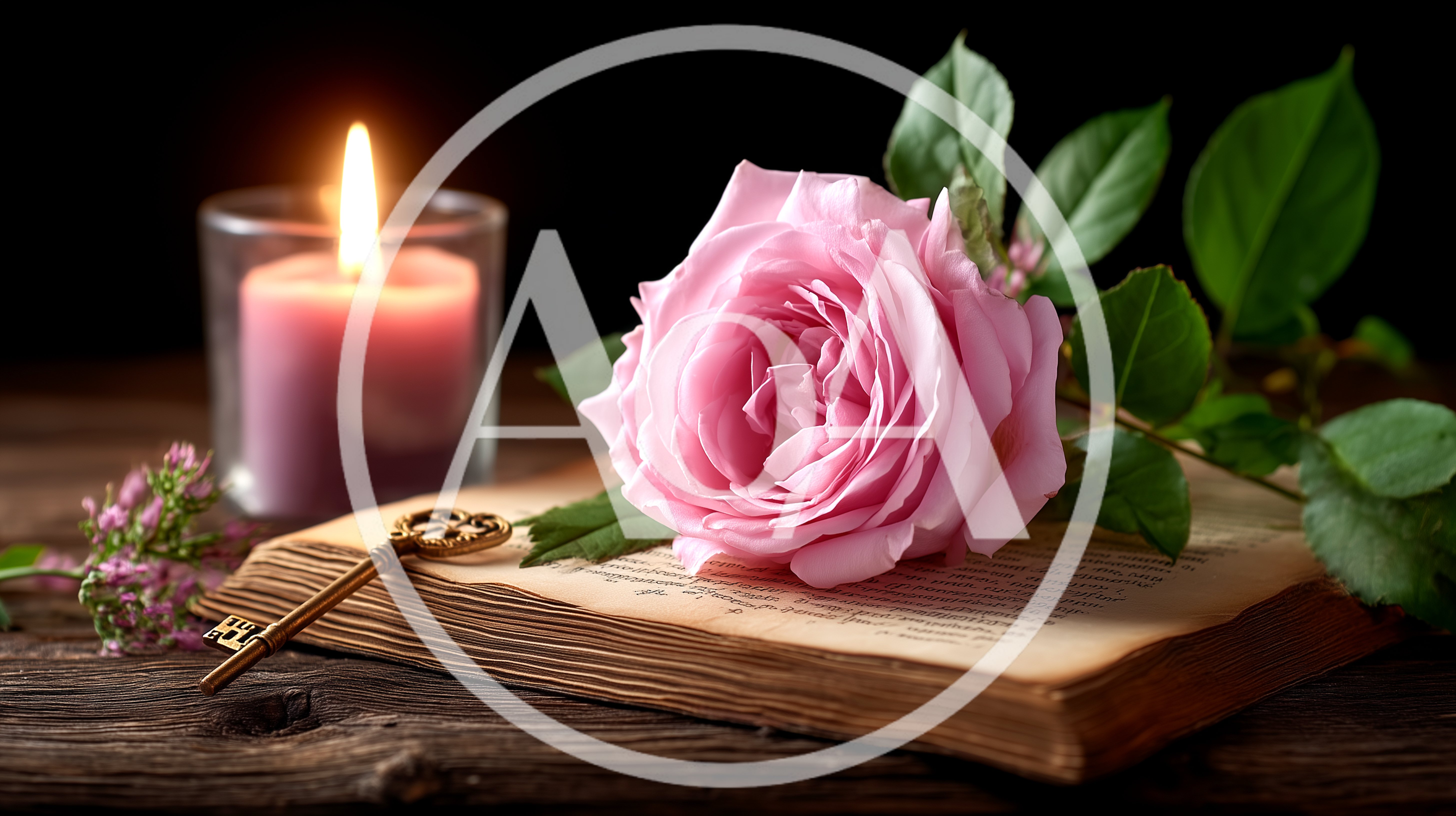 Pink Rose And Vintage Key On Open Book