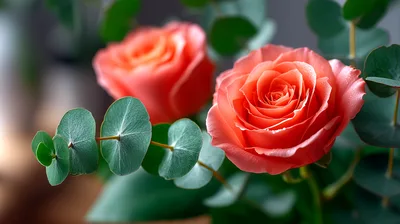 Two Vibrant Coral Roses With Eucalyptus Leaves