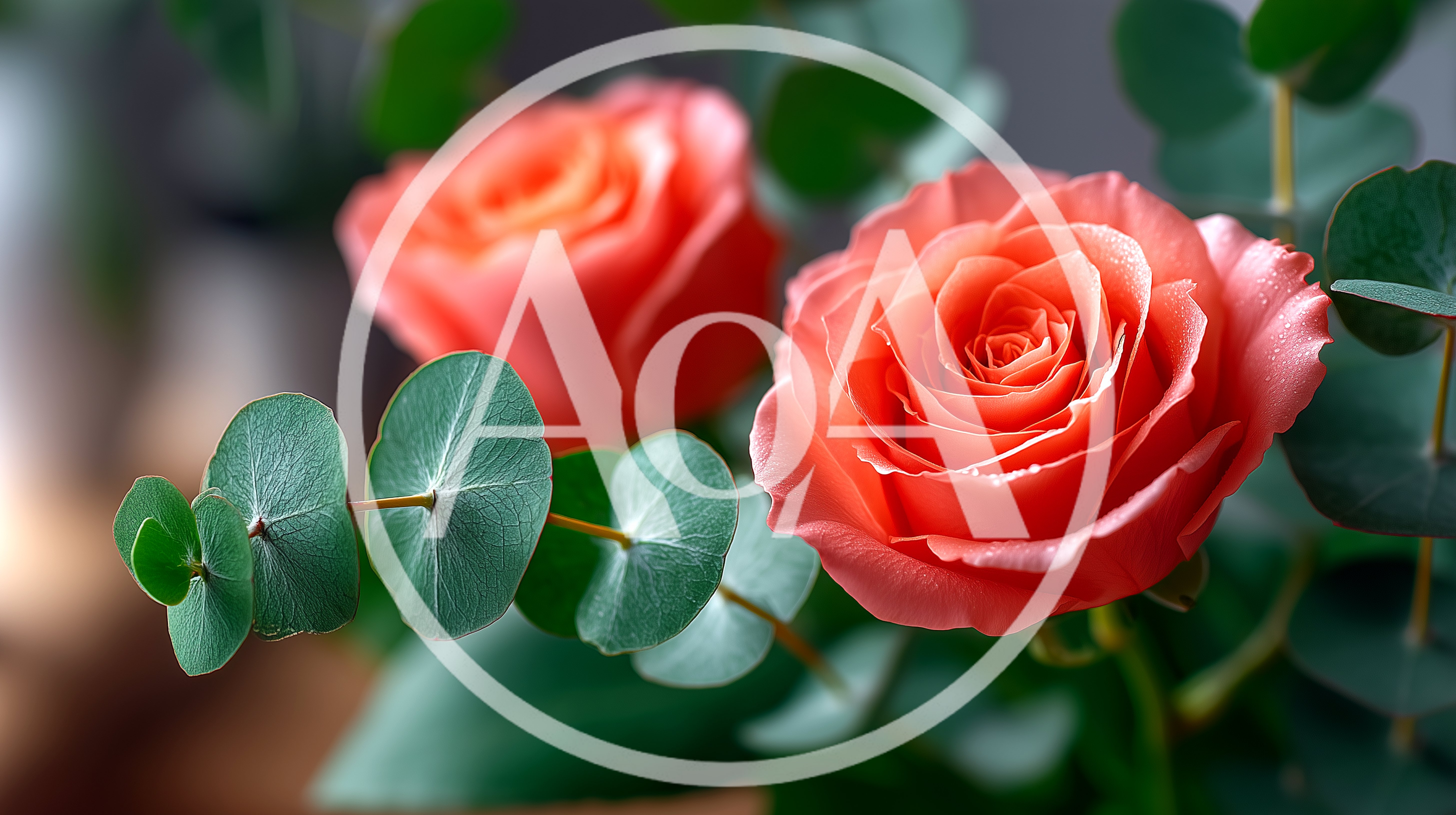 Two Vibrant Coral Roses With Eucalyptus Leaves