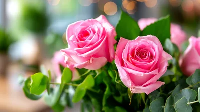 Two Beautiful Pink Roses With Green Eucalyptus Leaves