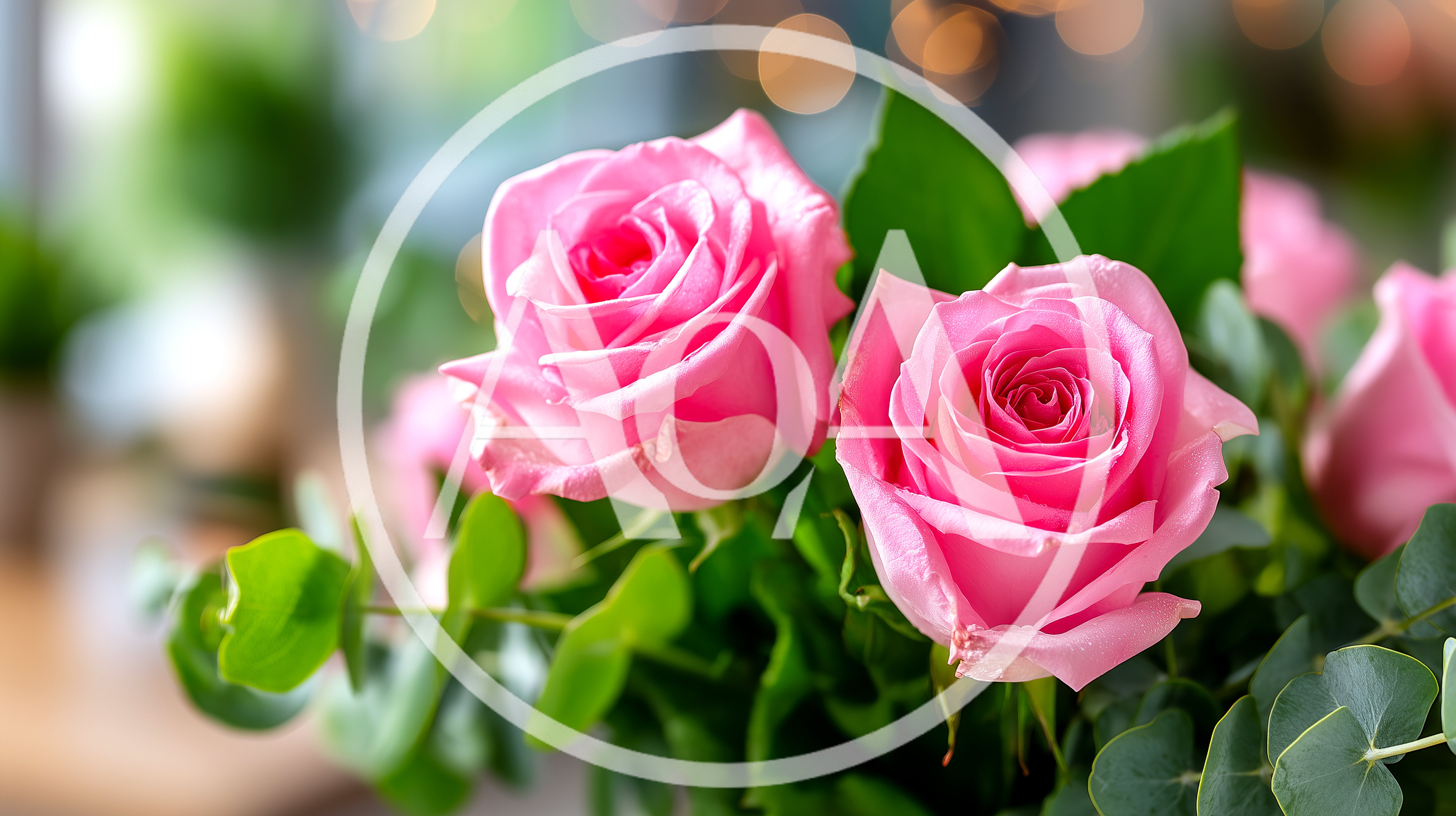 Two Beautiful Pink Roses With Green Eucalyptus Leaves