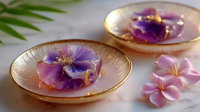 Purple Flower Jelly Desserts On Gold Rimmed Plates