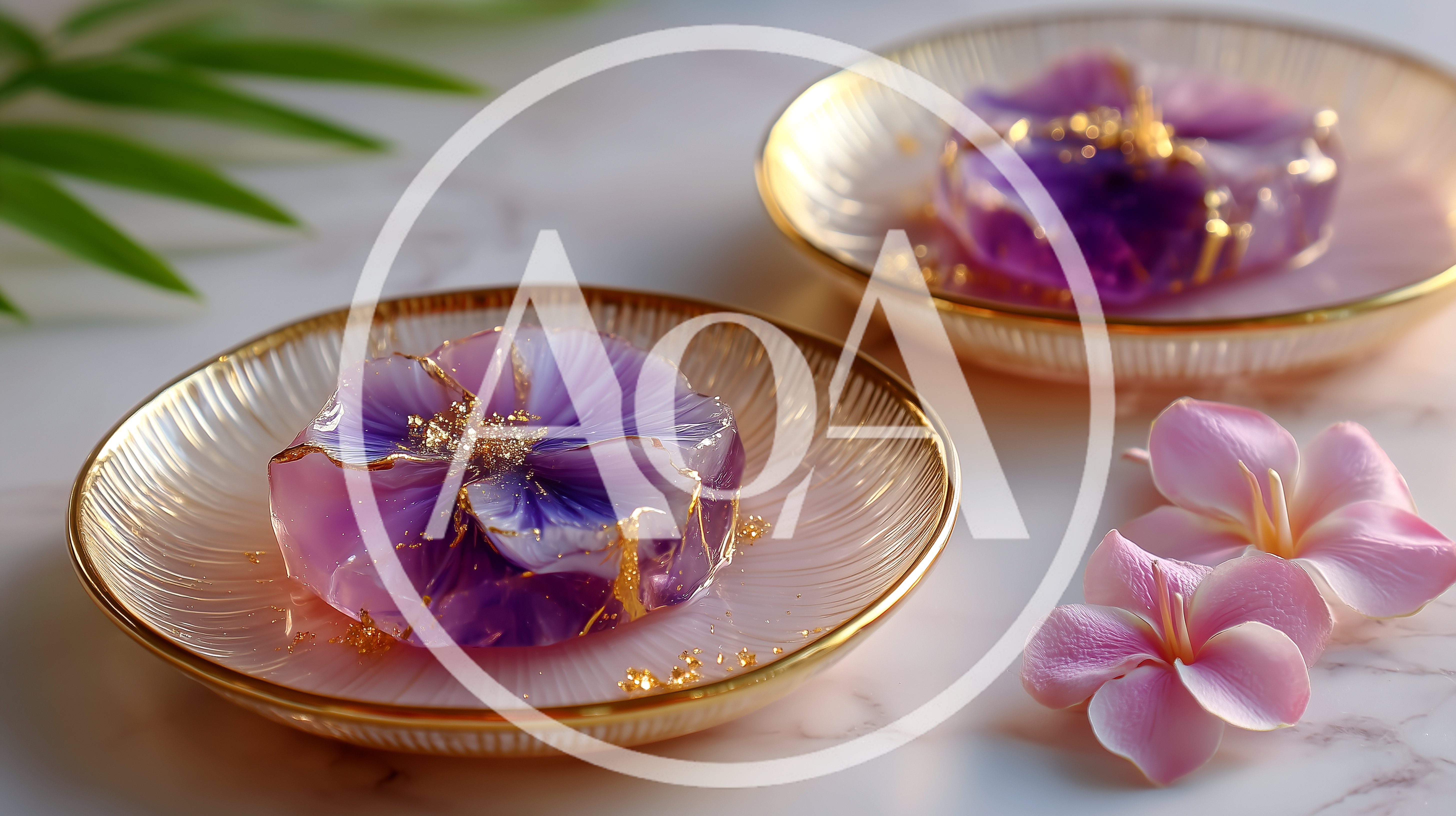 Purple Flower Jelly Desserts On Gold Rimmed Plates