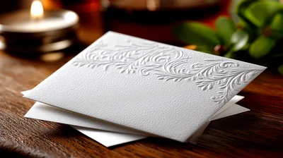 Embossed White Stationery Card on Wooden Table