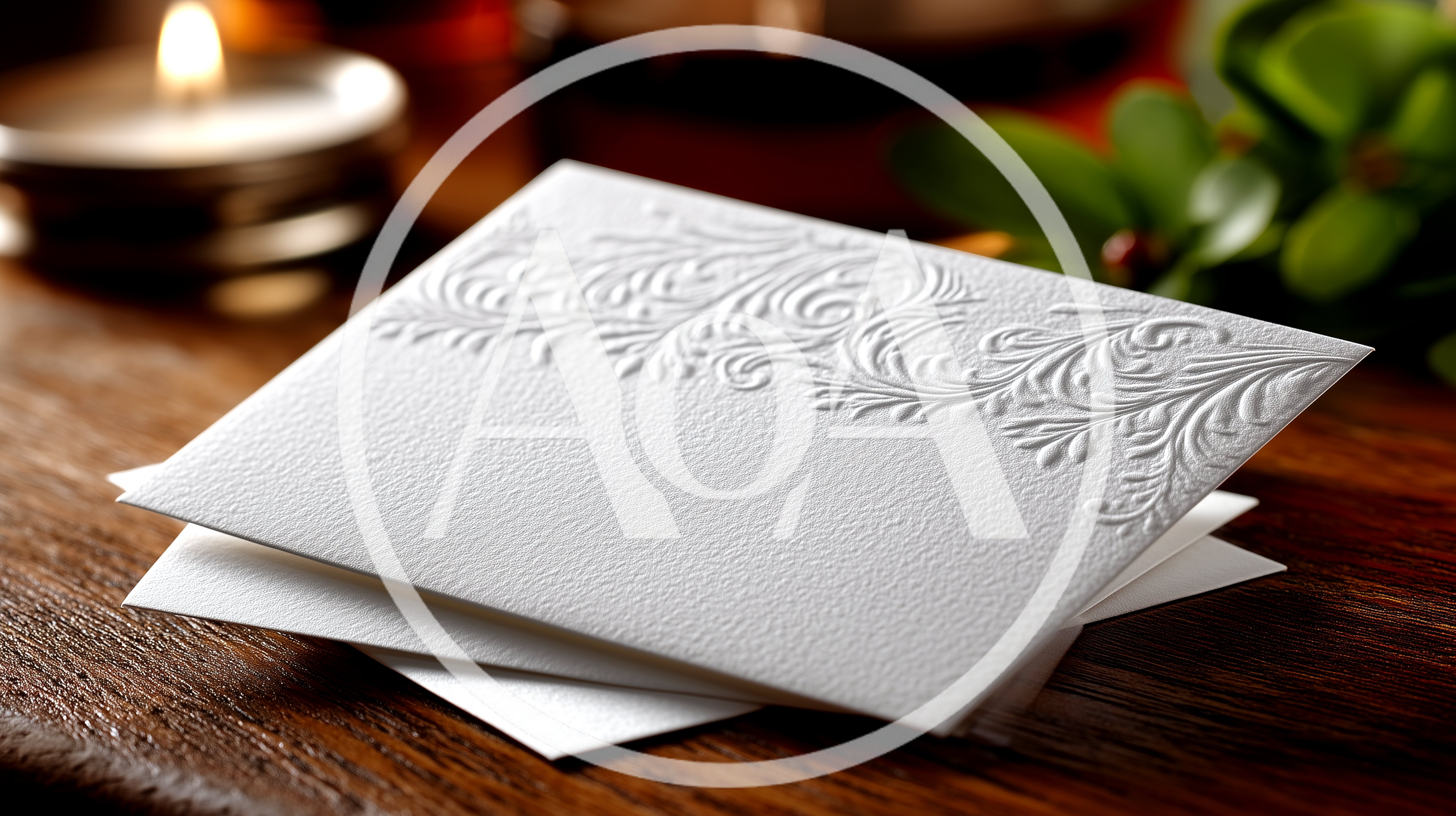 Embossed White Stationery Card on Wooden Table