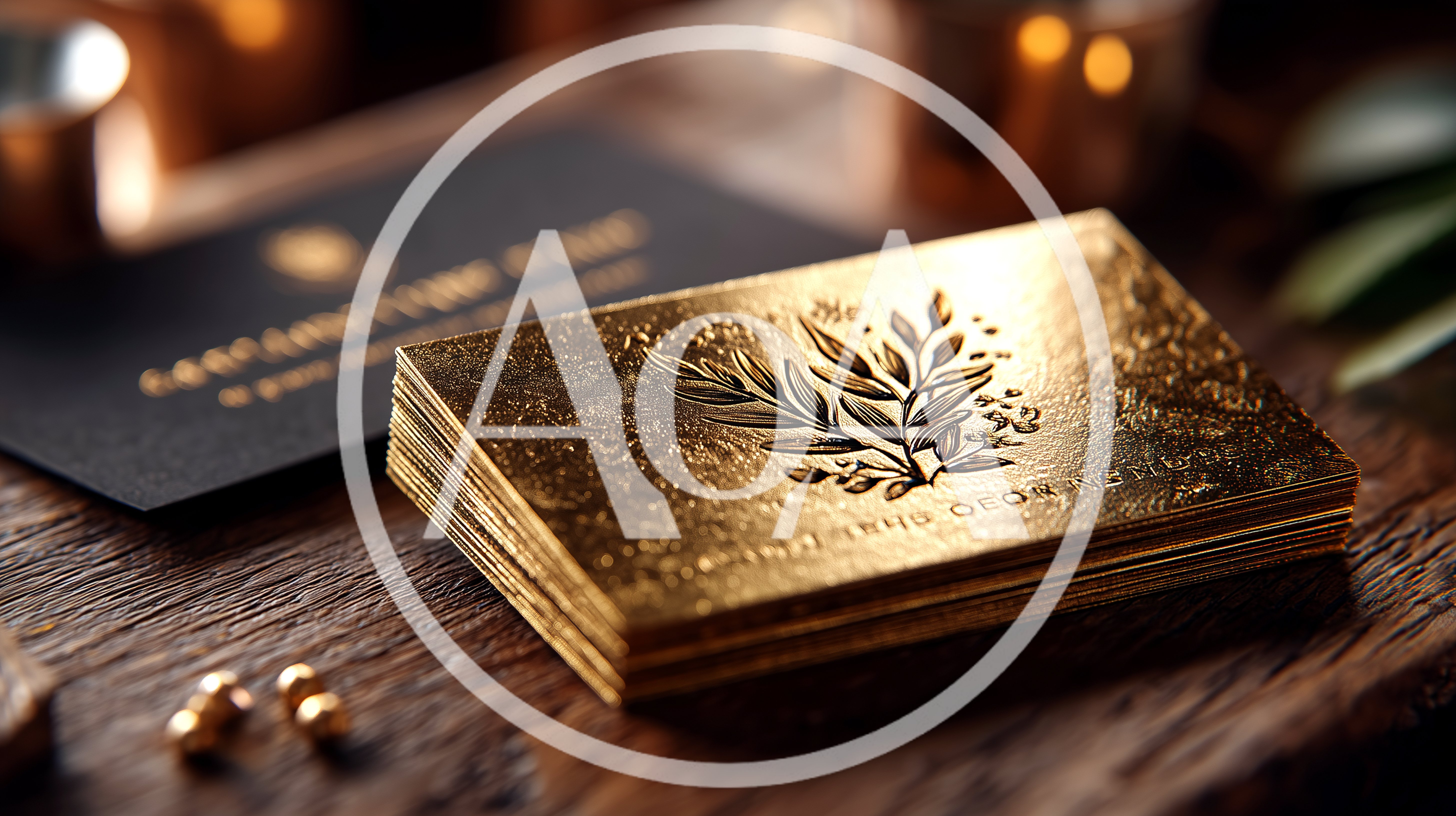 Stack Of Elegant Gold Business Cards On Wooden Table