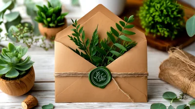 Brown Envelope With Green Leaves And Wax Seal