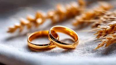 Two Golden Wedding Rings Resting On Textured Fabric