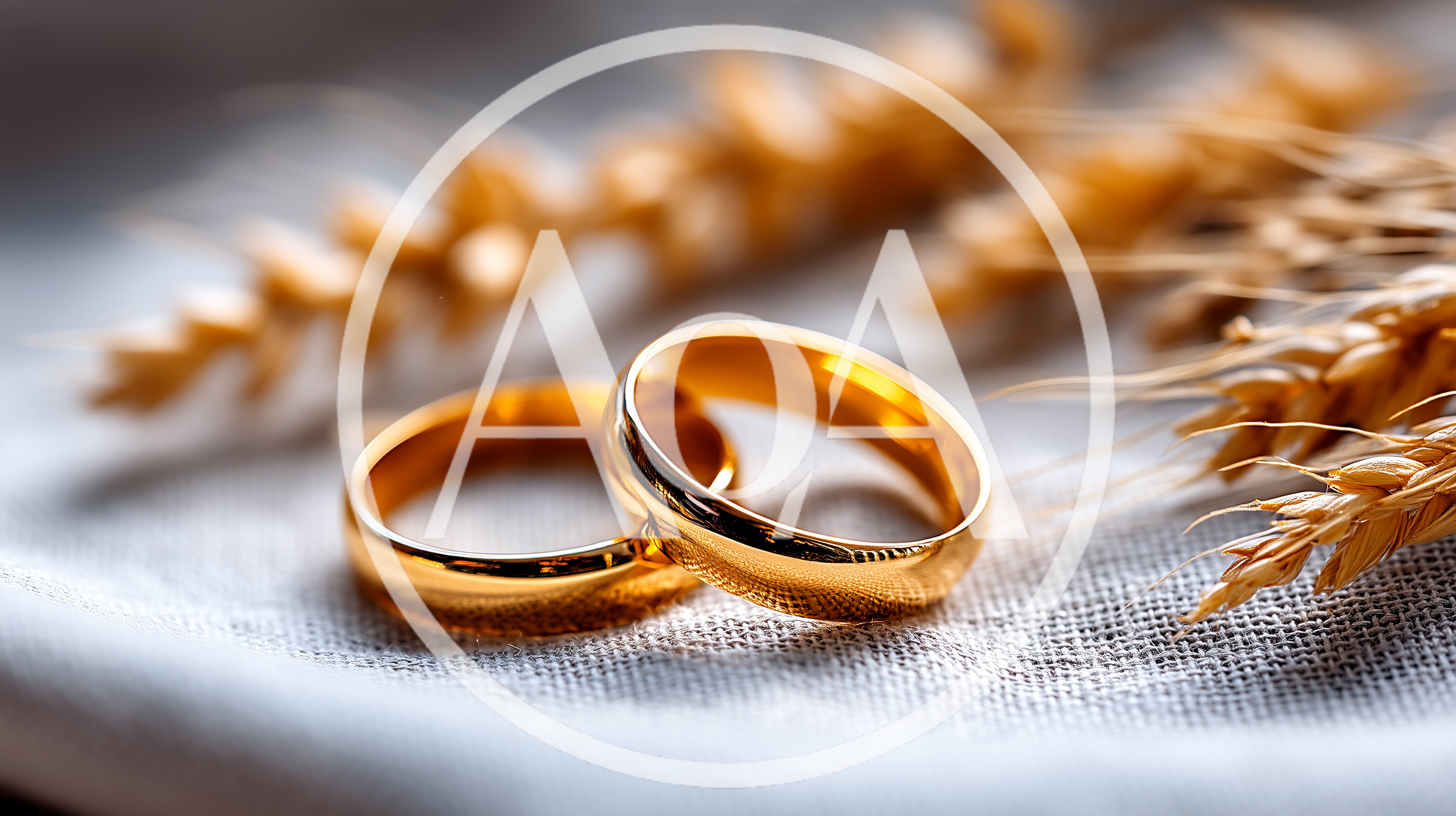 Two Golden Wedding Rings Resting On Textured Fabric