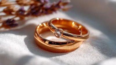 Two Gold Wedding Rings Resting On White Fabric